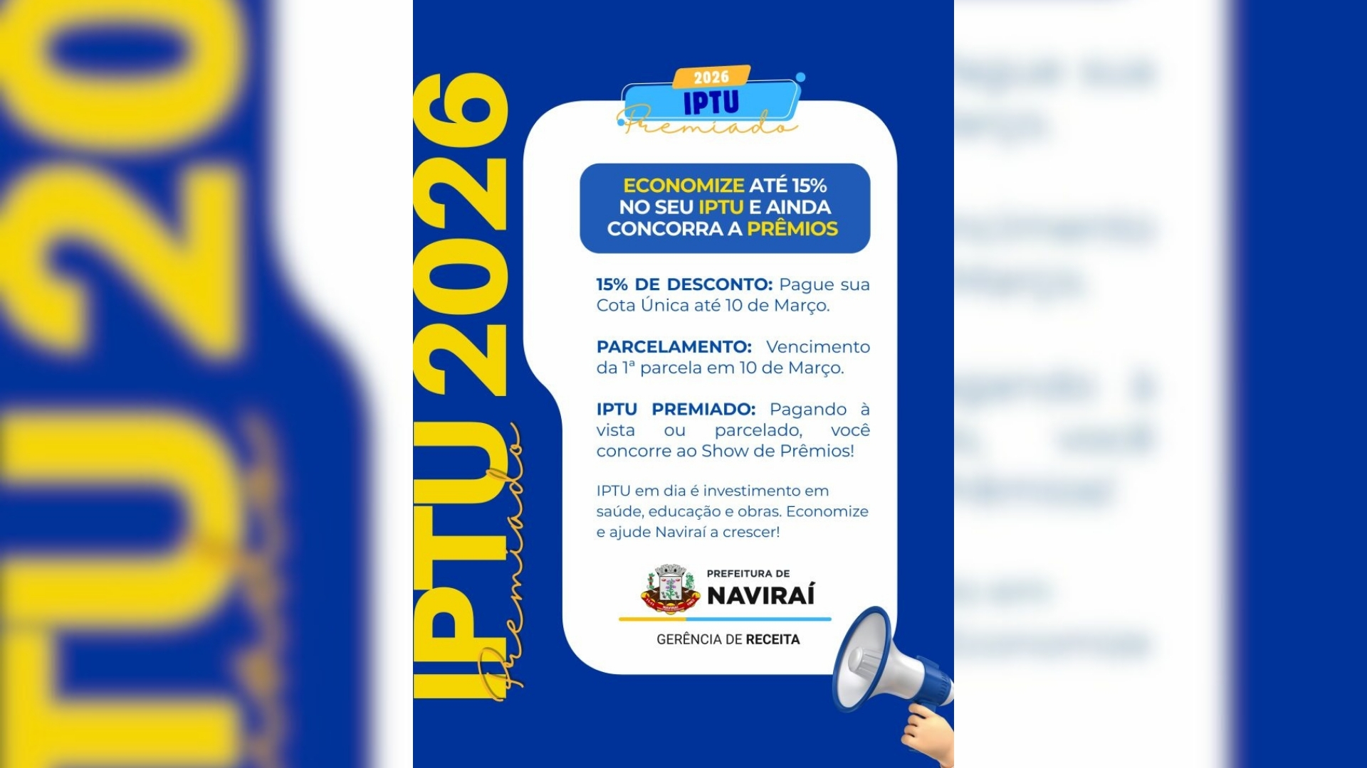 Moradores de Naviraí têm até terça para garantir desconto no IPTU