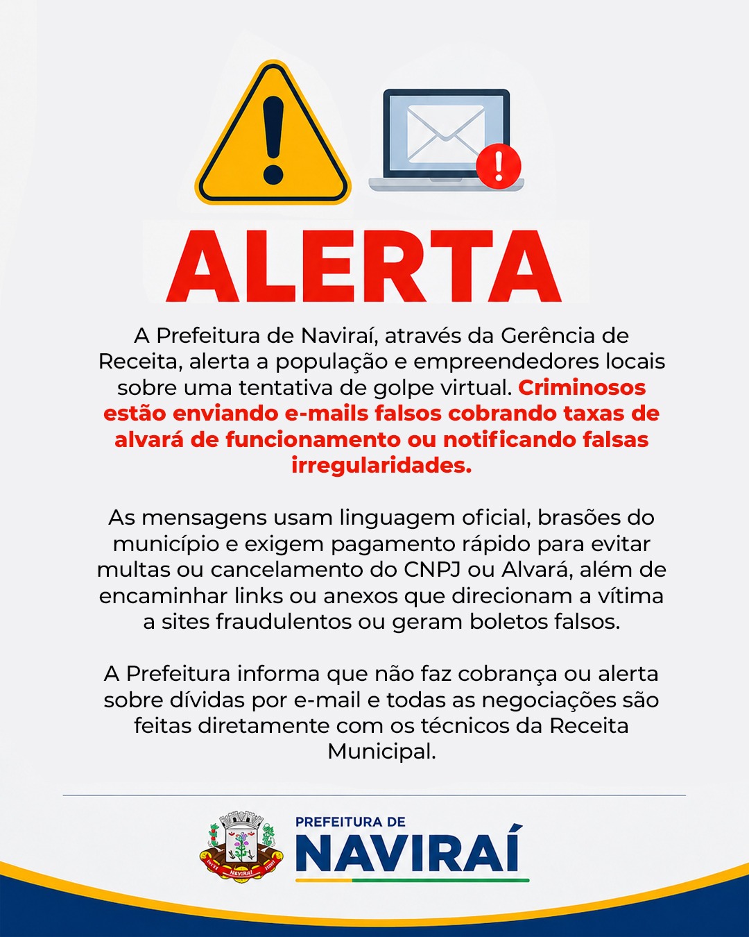NAVIRAÍ: Prefeitura alerta empresários sobre golpes usando o nome da Receita Municipal